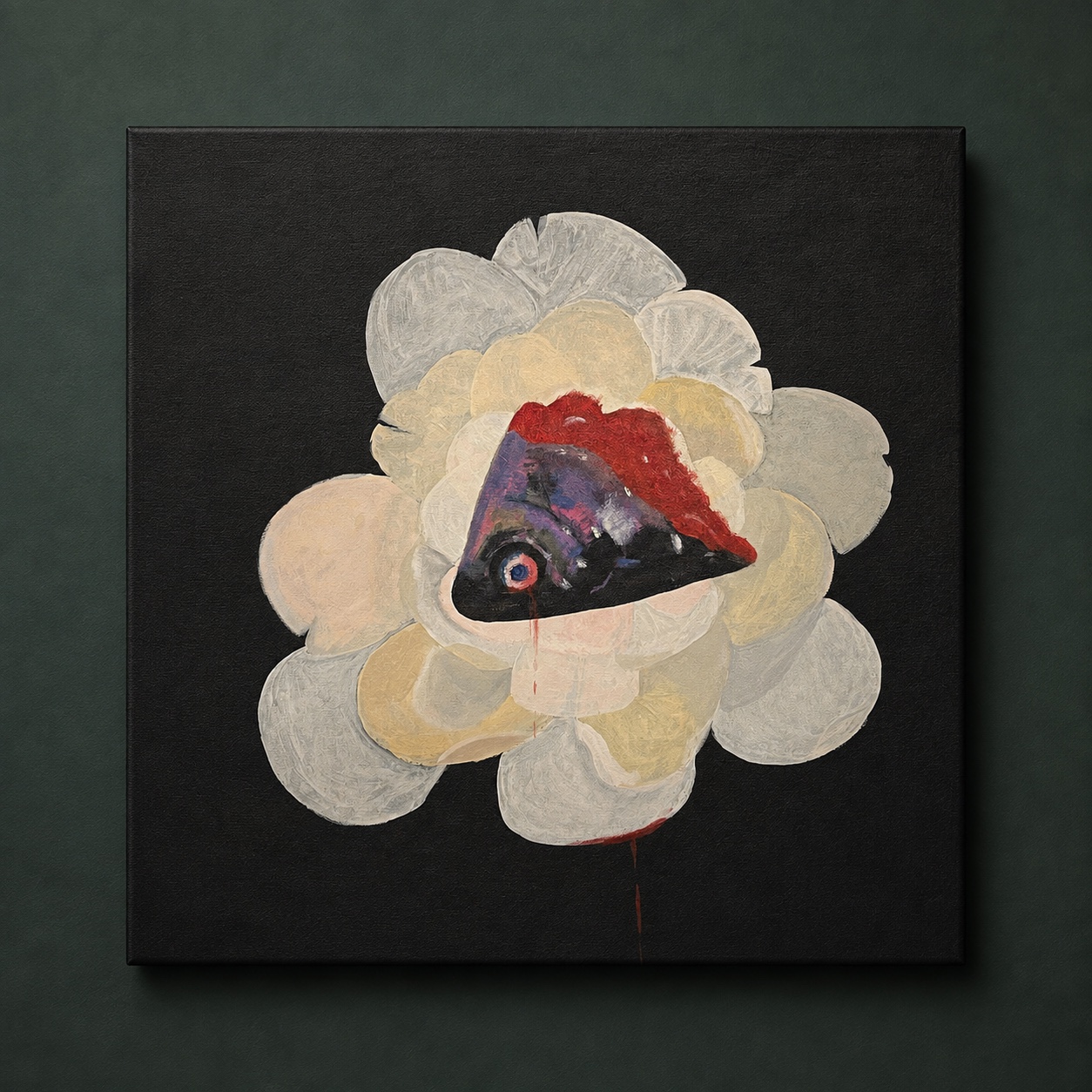 Pale flower painting mounted against a dark green studio wall