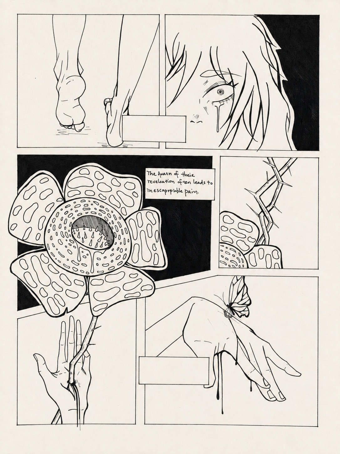 Ink narrative with a large flower, a crying figure, hands, and a butterfly