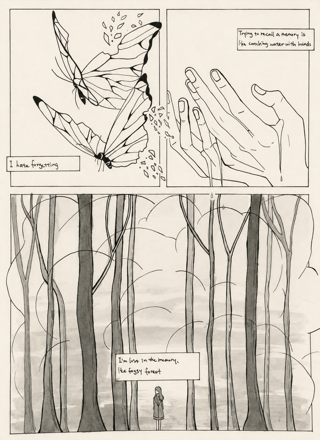 Ink narrative with breaking butterflies, hands, and a foggy forest